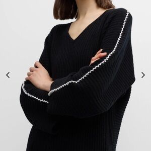 Neiman Marcus Cashmere Ribbed V-Neck Sweater with Whipstitch Detail